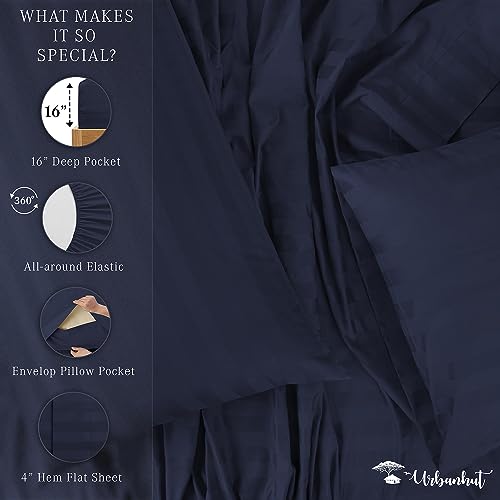URBANHUT 800 Thread Count Egyptian Cotton Damask Striped Twin Size Sheets Set (4 Pc) - Ultra Soft & Smooth, Sateen Weave Twin Size Bed Sheets, Luxury Hotel Sheets with 16" Deep Pocket - Navy Blue