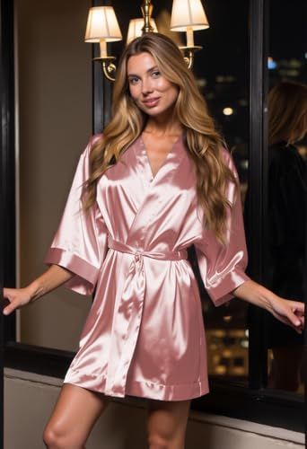 Image of Turquaz Women's Bride Bridesmaids Robe - Satin Kimono Robes for Wedding & Bridal Party Silk Like Lightweight Robes for Women, Rose Gold, X-Large