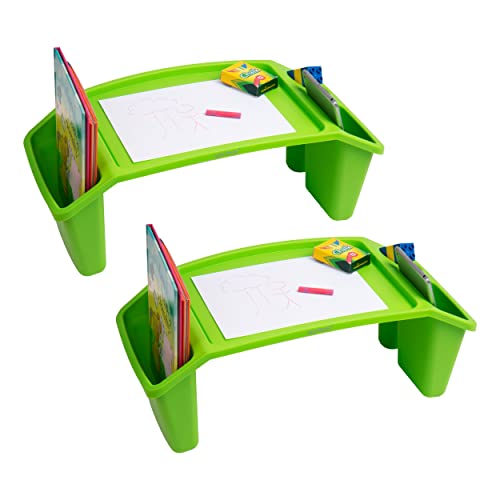 Mind Reader Kids Lap Desk, Portable Activity Tray with Side Storage, Stackable Plastic Desk for Drawing, Snacks, Study, Set of 2, Green