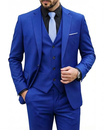 Image of MY'S Men's 3 Piece Suit Set with Tie, One Button Slim Fit Solid Jacket Vest Pants, Prom Party Wedding Business Suits for Men