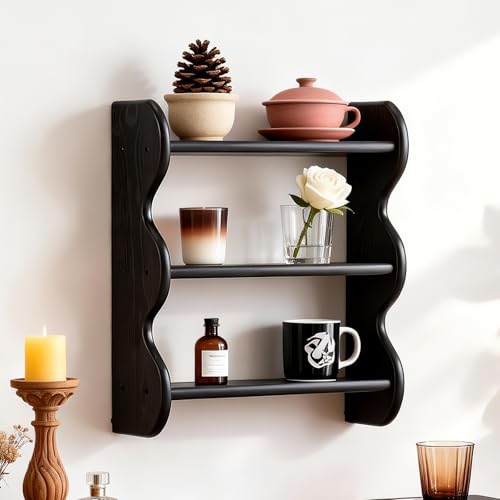 HuiDao 100% Solid Wood Floating Shelf, Vintage Wall Shelves Wall Mounted Storage Rack 3-Tier, Farmhouse Decor Hanging Shelf Display Shelves for Apartment, Living Room and Bedroom