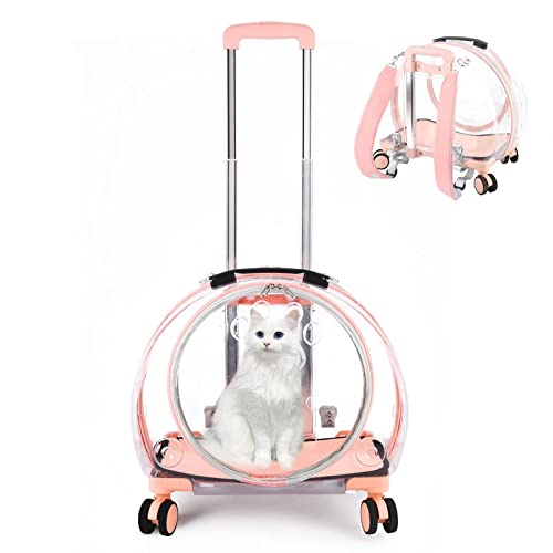 Pink, Transparent & Fully Breathable Pet Carrier Backpack with Trolley Wheels for Dogs, Cats, Parrots or Bunnies, Multiple Carrying Options, Perfect for Traveling / Taking a Walk / Trips to The Vet