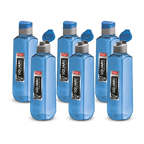 Image of Flair Square PET Water Bottles with Fliptop Lid Set of 6 Pcs 1000 ML (Blue)