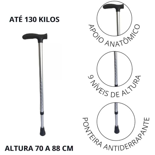 Bengala Reforçada Alumínio Regulável Até 130kg - Bastão Reforçado, 7 Níveis Altura, Ponteira Antider