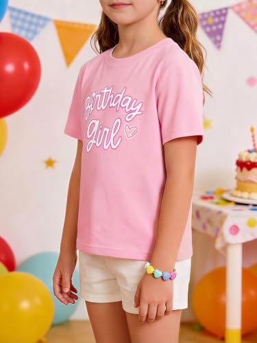 Image of Girls' Birthday Girl Letter Print T-Shirt with Bracelet, Pink, Size 4-12Y, Short Sleeve