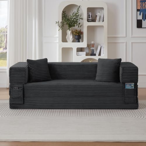 vutizal Sofá cama de 3 plazas con función de sueño, sofá de pana, 200 x 76 cm, con diseño de dos capas, espuma de alta densidad para salón, apartamento, gris