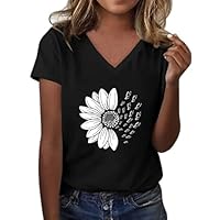 CGGMVCG Tee Shirt Femme Été T Shirts Imprimé Tournesol à Manches Courtes Col en V T-Shirt Tendance Décontracté Grande Taille Graphic Hauts Amples, A01 Noir, XXL