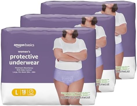 Amazon Basics Incontinence Underwear for Women, Maximum Absorbency, Fresh Protection, Postpartum, Disposable, Odor Protection, Comfortable Fit, Large, Lavender, 54 Count (3 Packs of 18)