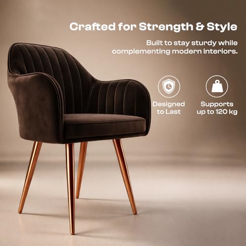 Image of Vergo Plush Velvet Dining Chair, Cushion Seat, Wooden Frame, Metal Legs, Premium Accent Chair for Living Room, Bedroom, Dining Room, Cafe & Restaurant (Set of 2, Dark Brown)