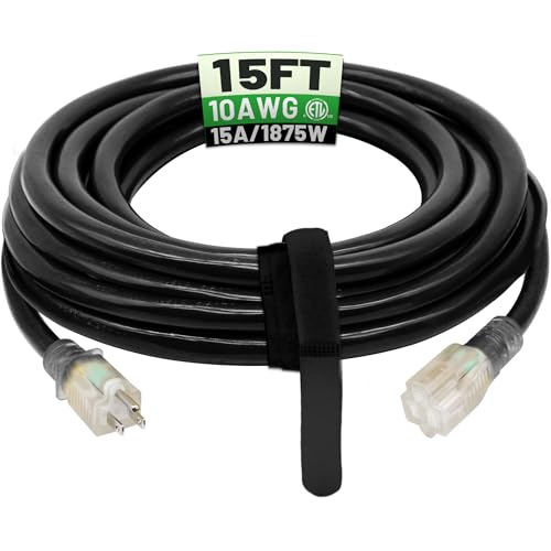 POWGRN 15 Ft 10AWG Black Outdoor Extension Cord Waterproof Heavy Duty 10 Gauge 3 Prong, Flexible Cold-Resistant Power Cord Indoor & Outside with Lighted Indicator End, 15Amp 1875W SJTW ETL Listed