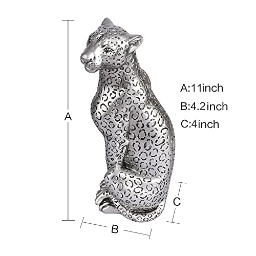 Cheetah Statue Home Decor Leopard Sculpture Resin Sitting Cheetah Figurine Decoration for Home Office-Gold Or Silver (Silver)
