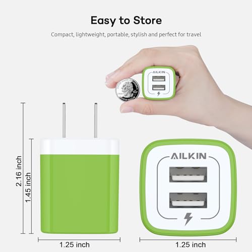 Image of USB Wall Charger, [2-Pack] 2.1A AILKIN 2-Port USB Phone Charger Block Plug | Power Adapter Charging Base for iPhone 17 Air 16 15 14 Plus /Mini /Pro 13 12 Max SE 11 Plus Google Pixel 7 7a 6 pro 6a 5 Box