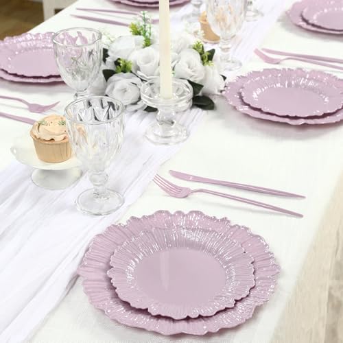 TCF Linen 20 Pack 7 Inch Lavender Lilac Reef Design Plastic Plates – Elegant Disposable Appetizer Dessert Salad Plates – Reef Rim Party Tableware for Wedding Reception Banquet and Upscale Occasions - Thumbnail 3