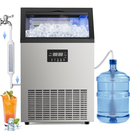 Commercial Ice Machine 200 LBS/24H with 50 LBS Storage Bin, Ice Cubes Ready in 5-15 min, Stainless Steel Industrial Ice Maker, Self-Cleaning, Timing Function, Adjustable Ice Thicknesses