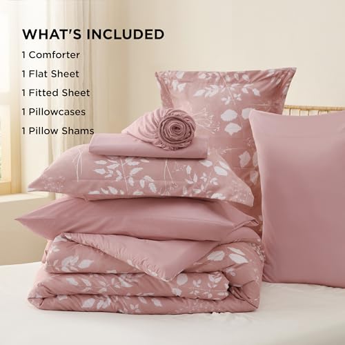 Image of Bedsure Floral Rose Pink Comforter Set, King Bedding Sets, 7 Piece | Bed in a Bag, Comforters, Bedroom, Reversible, Fluffy, Whisper-Quiet, All-Season, Polyester, Easy Care, Botanical-Chic, OEKO