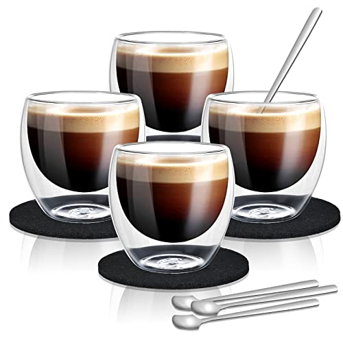Cieex Tasse Double Paroi Expresso Set 4pcs Tasse à Café de 80ML Verre Espresso avec Cuillères à Expresso et Dessous de Verre en Feutre Cover