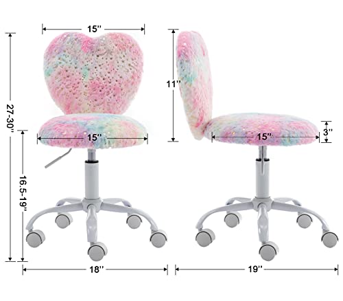 Chairus Kids Desk Chair Faux Fur Study Chair For Teenage Girls, Adjustable Heart Shaped Kids Vanity Chair For Bedroom Reading Living Room, Small Cute Student Task Chair With White Foot, Colorful #TOP2
