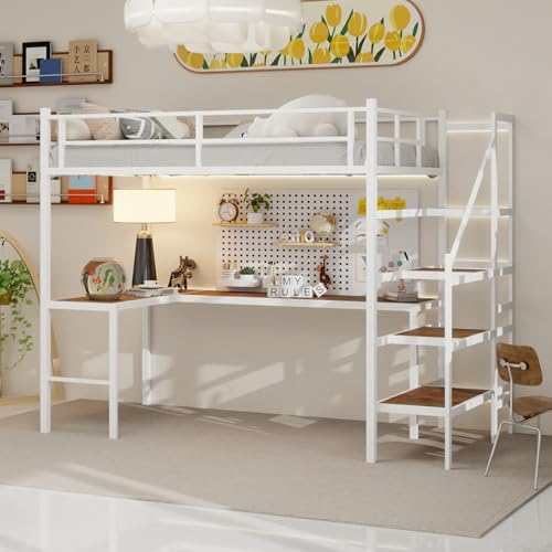 PUGSDRLY Lit Mezzanine Enfant 90x190cm Métallique,Lit Mezzanine 1 Place avec Grand Bureau en L,Escaliers de Rangement,Barrière Hautes,pour Enfants...