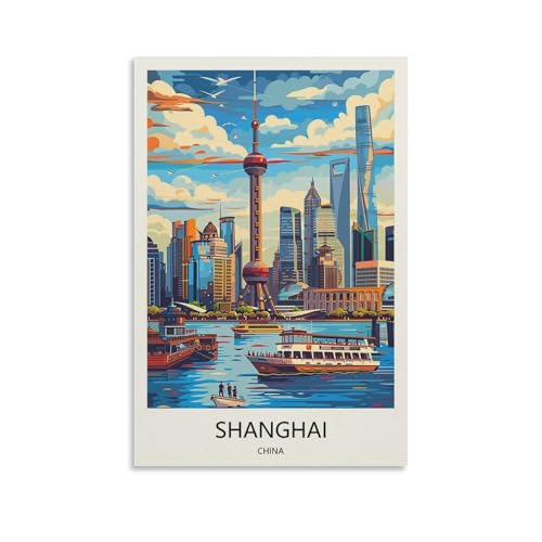 Shanghai China Vintage Travel Poster Canvas Wall Art 16x24in