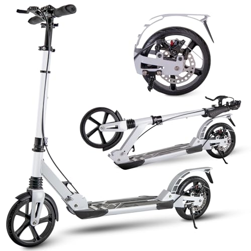 Adult Kick Scooter, 200mm Big Wheels with Disc Brakes, Adult Scooter with Carry Strap and Double Shock Absorption, Foldable Scooters for Teenagers (White)