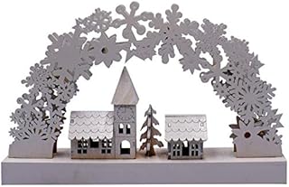tinsel time LED Wooden Tree Arch Candle Bridge with Christmas Village Scene, with 8 Warm White LEDs, Battery Operated, 32cm