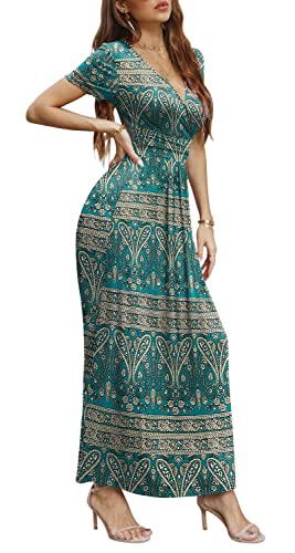 CATHY Women Short Sleeve Deep V-Neck Casual Long Dress Pleated Waist Maxi Dresses with Pockets, L, Short Blue-Khaki