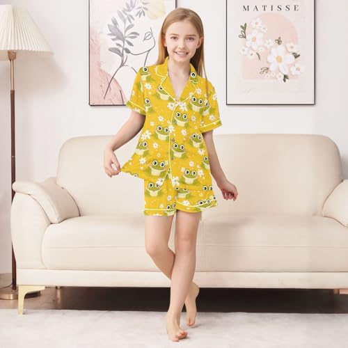 ALAZA Yellow Frog Blossom Flower Satin Pajamas Set Short Sleeve Button Down Sleepwear Summer Pjs 2 Piece3