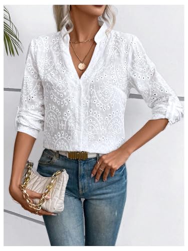 SweatyRocks Women's Notched V Neck Roll Up Sleeve Button Down Eyelet Blouses Tops4