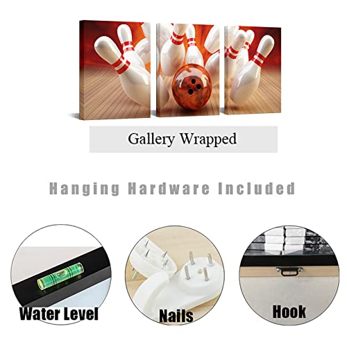 Artbones Sport Wall Art Bowling Room Decor Bowling Hitting Picture Boys Room Decor Framed Canvas Prints Ready To Hang 12"X16"X3Panels #TOP4