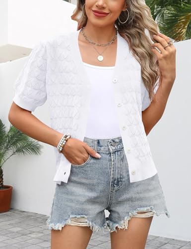 Women's Short Sleeve V Neck Button Down Cardigan Trendy Knit Shrug Sweater Cute Lightweight Sweaters2
