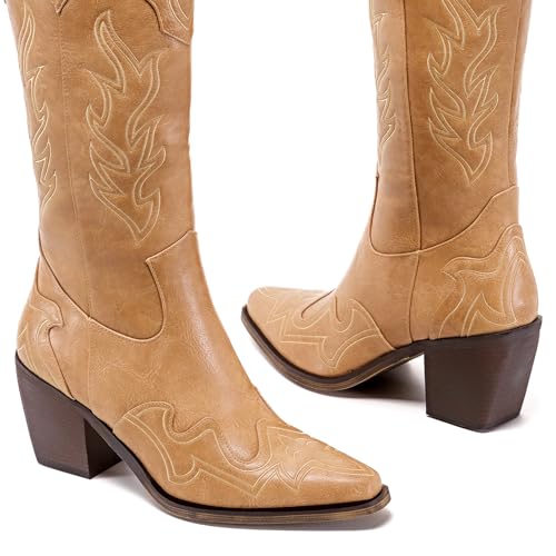 Image of ADAMUMU Womens Wide Calf Cowboy Boots Classic Western-Style Cowboys Boots for Women Pointed Toe Womens Cowgirl Boots with Chunky Heel Non-Slip Sole for Adding Timeless Elegance to Your Wardrobe