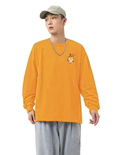 Image of Jump Cuts Mens Printed Round Neck Full Sleeve Black, Yellow Cotton Blend Boxy Fit T-Shirt