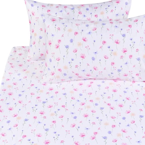 Image of Scientific Sleep Flowers Dancing in the Wind Pink Boys Girls 100% Cotton 4 Pcs Full Bed Sheet Set Kids Toddler Teen, Flat Sheet & Fitted Sheet & Pillowcase Kids Bedding Set (Flowers, Full)
