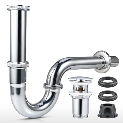 Cieex Universal Siphon Waschbecken Komplettset, Verstellbar Siphon aus hochwertigem Edelstahl, Röhrensiphon Ablaufgarnitur 1 1/4 mit Waschbeckenstöpsel, Geruchsverschluss & Gummimanschette, Chrom