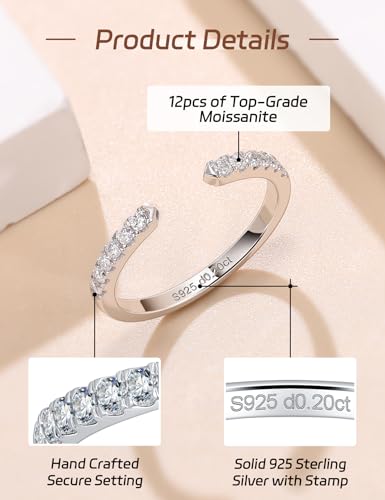 Ladylike Moissanite Open Rings for Women Half Eternity Wedding Band S925 Sterling Silver Adjustable Dainty Stackable Engagement Ring Anniversary Band for Her3