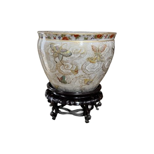 New 10" Diameter Oriental Colorful Butterfly ButterfliesThemed Fish Bowl Jardiniere Planter Plant Pot with Heavy Duty Acrylic Oriental Stand