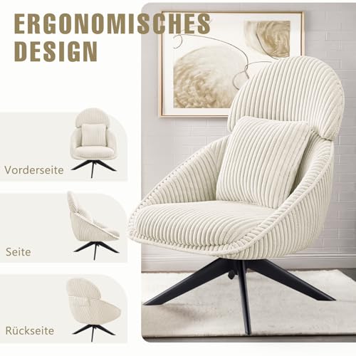Ckaff Loungesessel Sessel Wohnzimmer 360°Drehbar, Ohrensessel Armlehnstuhl Polsterstuhl mit dickem Abnehmbares Wurfkissen, Relaxsessel Lesesessel für Wohnzimmer Schlafzimmer Büro, Beige