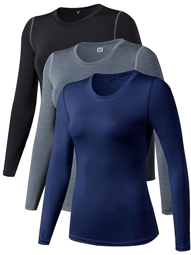 Taisim Women'S 3 Pack Dry Fit Athletic Compression Base Layer Long Sleeve,Black,Grey,Navy,Medium cover