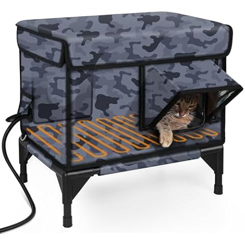 stohot Premium Heated Cat House for Outside Cats, 100% Weatherproof & Windproof Escape Door, Elevated Base, Winter Insulated Feral Stray Outdoor Cat Shelter with Heater Cover
