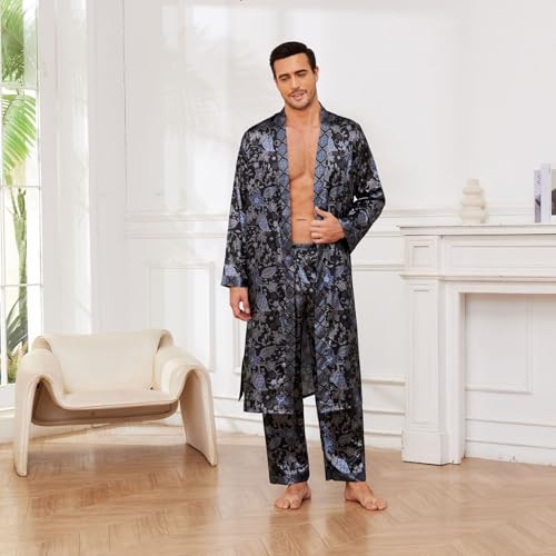 Men's Long Sleeve Pajama Set Satin Robe Comfy Pant Silky Summer Bathrobe Trendy Lounge Thin Pj Set4