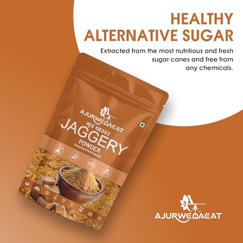 Image of AJURWEDAEAT Organic Jaggery Powder | Natural Sweetener Traditional Indian Gud | Chemical Free Unrefined Sugar Alternative for Tea Coffee Sweets Cooking Baking Healthy Daily Use (460 GM - Pack Of 2)