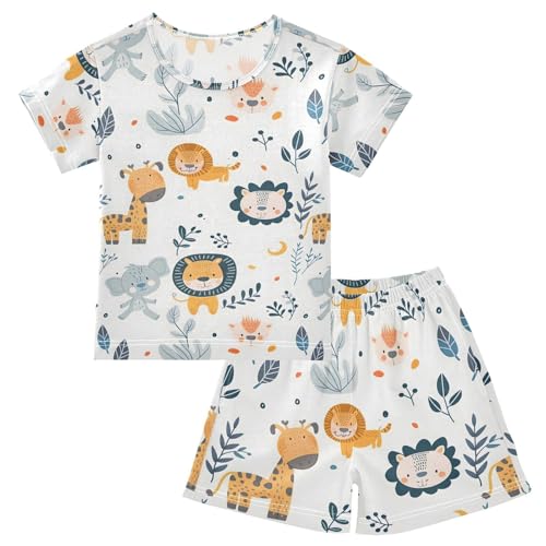 ALAZA Cute Lion Giraffe Elephant Cartoon Pajamas Short Sleeve 2 Piece Sleepwear Top and Bottom Pajama Set Unisex