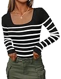 HOTOUCH Fitted Sweaters for Women Long Sleeve Square Neck Slim Fitted Casual BasicT Shirts Fall Tee Blouse Stripe-Black