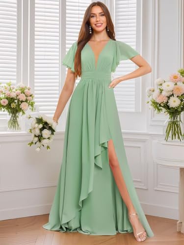 Image of Deep V Neck Chiffon Bridesmaid Dresses Ruffle Formal Dress with Sleeves Pleated High Low Evening Gowns for Women