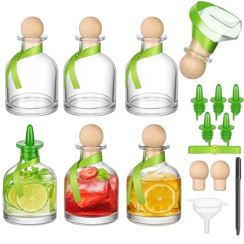 Baderke 6 Pcs 250ml/8oz Patron Shot Bottle Empty for Drinks Mini Tequila Reusable Filling Bottle with Sealing Stopper Pour Spouts Green Ribbon Labels for Wine Wedding Christmas Party Decoration