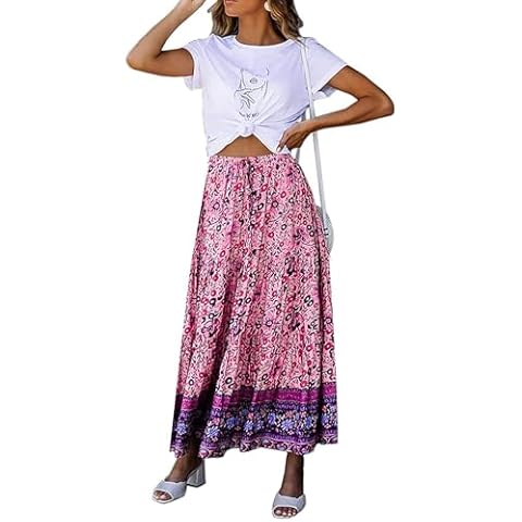 PIIRESO Women's 2024 Bohemian Floral Printed Elastic Waist A Line Maxi Skirt with Pockets Purple Cover
