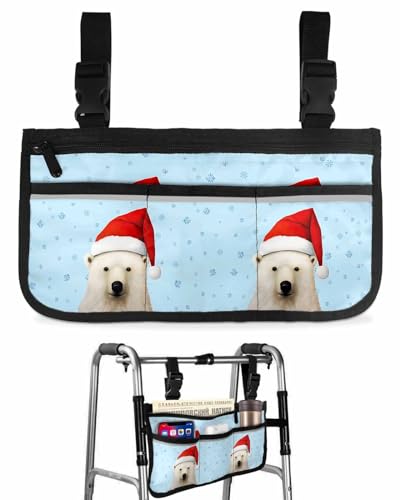 Wheelchair Side Storage Bag Blue Cute Red Hat Polar Bear Armrest Pouch with Cup Holder and Reflective Strip Wheelchair Accessories Organizer Bags for Walkers Rollator