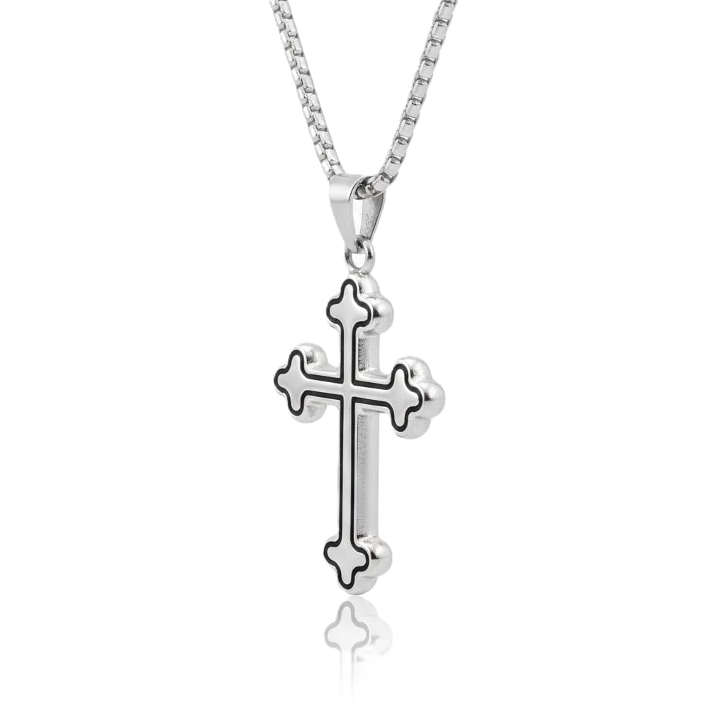 Silver Stainless Steel Cross Pendant Necklace with Box Chain-image-31
