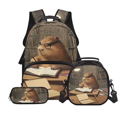 Capybara Books Kids Backpack for School, Lightweight Elementary School Bookbags with Lunch Box and Pencil Case, 3 Pcs School Bag Set Travel Backpacks Rucksack