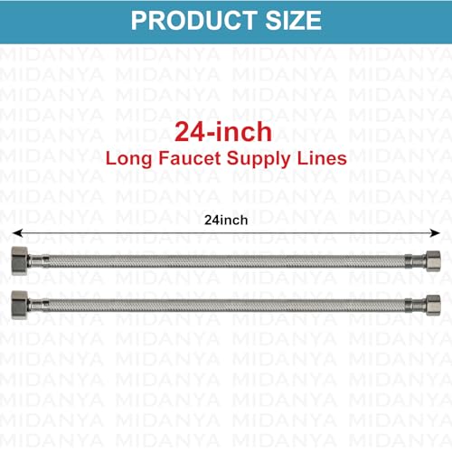 Midanya Faucet Supply Lines,24\" Stainless Steel Braided Water Supply Line, 1/2\" FIP x 3/8\" COMP Faucet Hose, Faucet Hose Connector x 2 Pcs (1 Pair) - Thumbnail 4